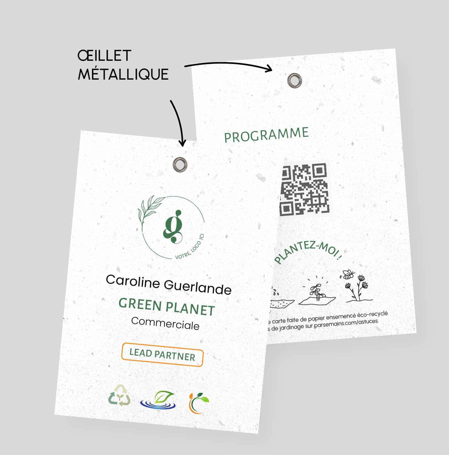 Insignias ecológicas con semillas - ojal metálico de doble cara