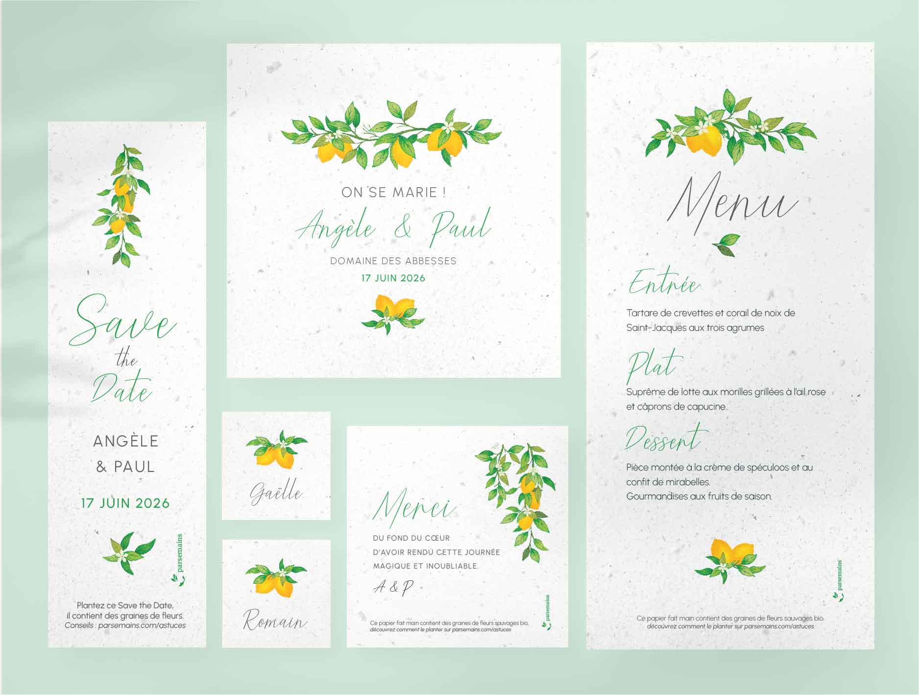 Ausgesäte Hochzeitspapeterie- Kollektion Passion Citron