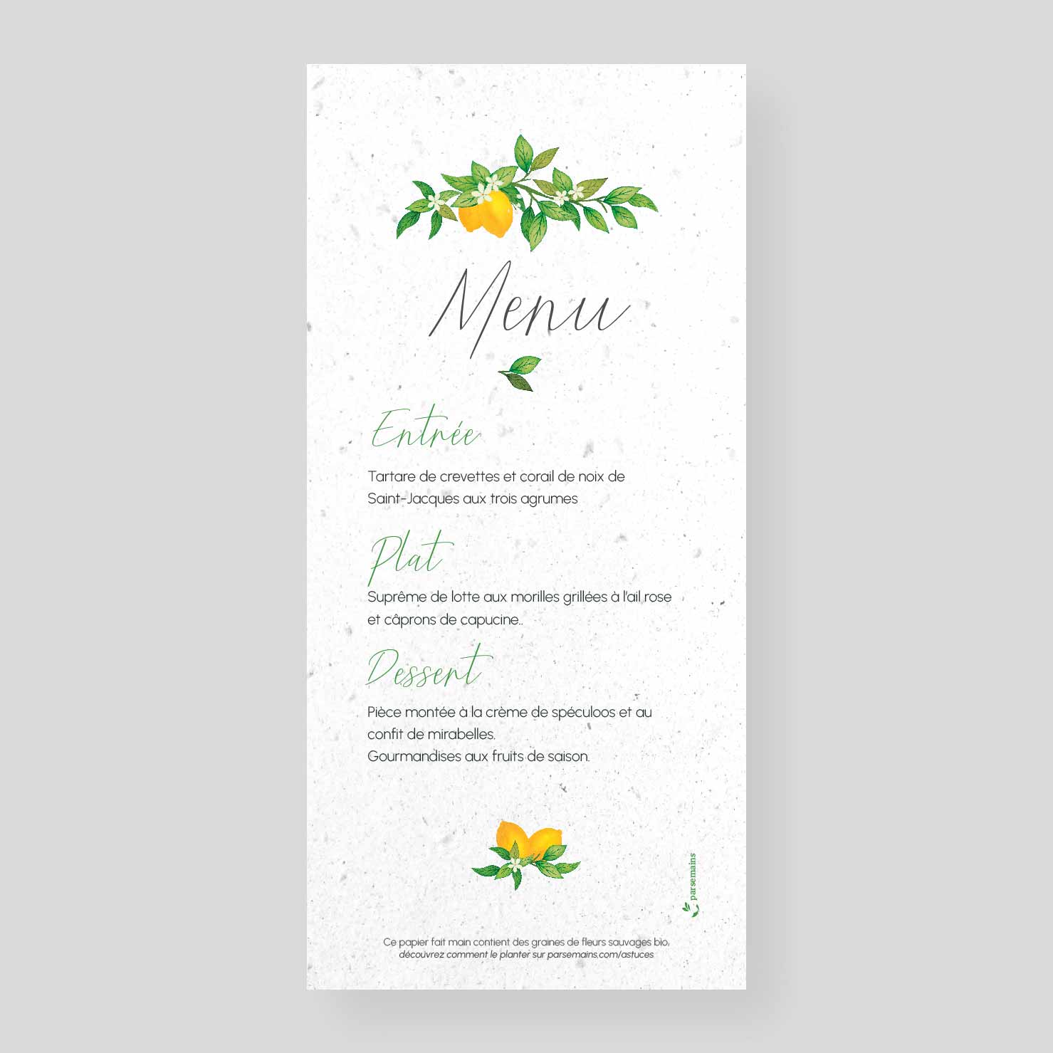 Menu de mariage ensemencé Passion Citron
