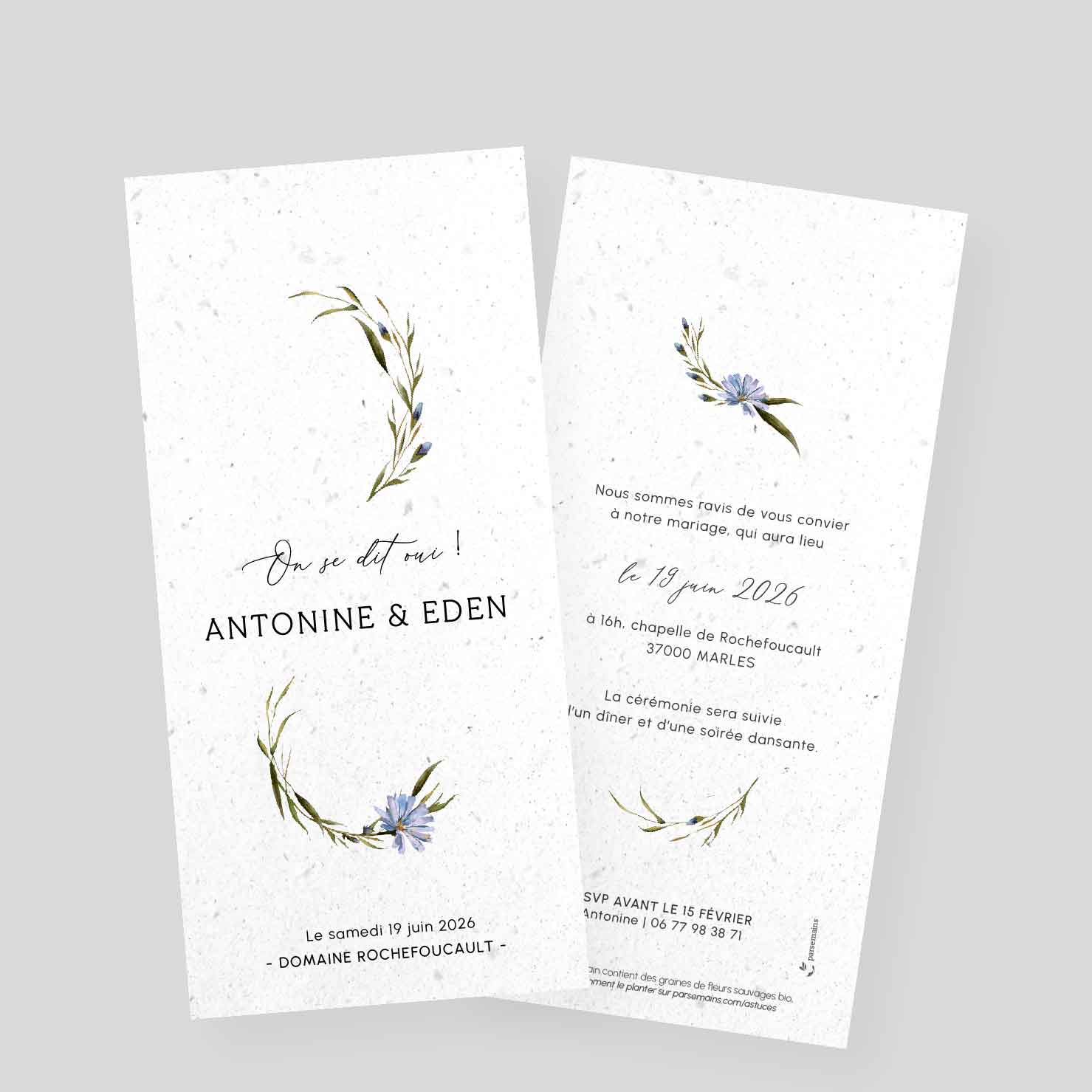 Faire-part à planter mariage - Harmonie champêtre - recto-verso