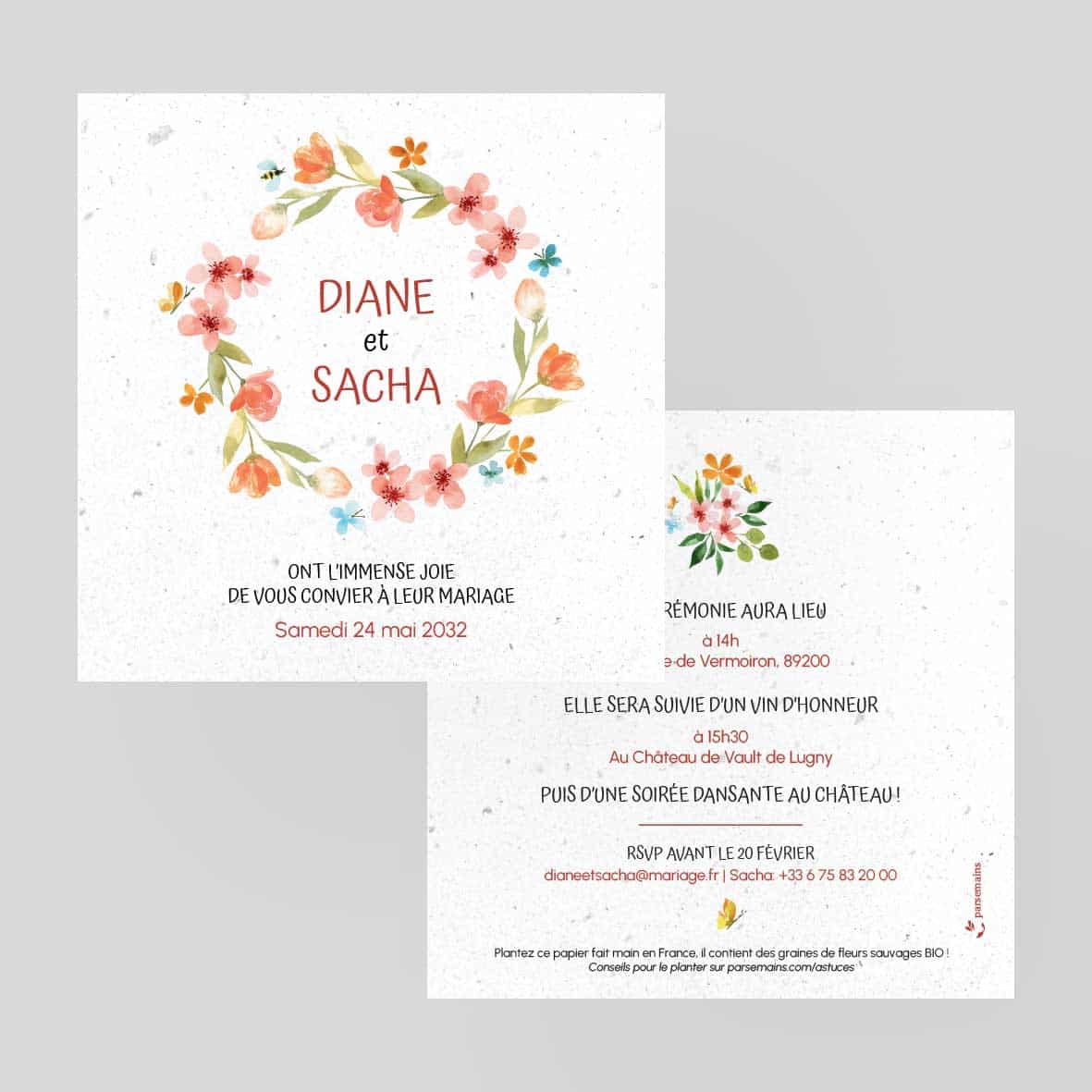 Faire-Part de mariage ensemencé éco-recyclé - Butterfly Parade - recto-verso