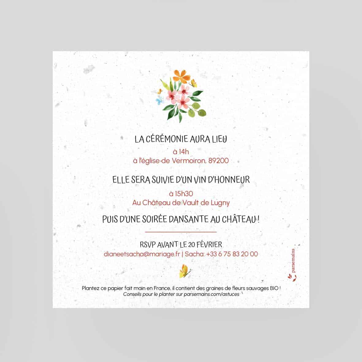 Faire-Part de mariage ensemencé éco-recyclé - Butterfly Parade - verso