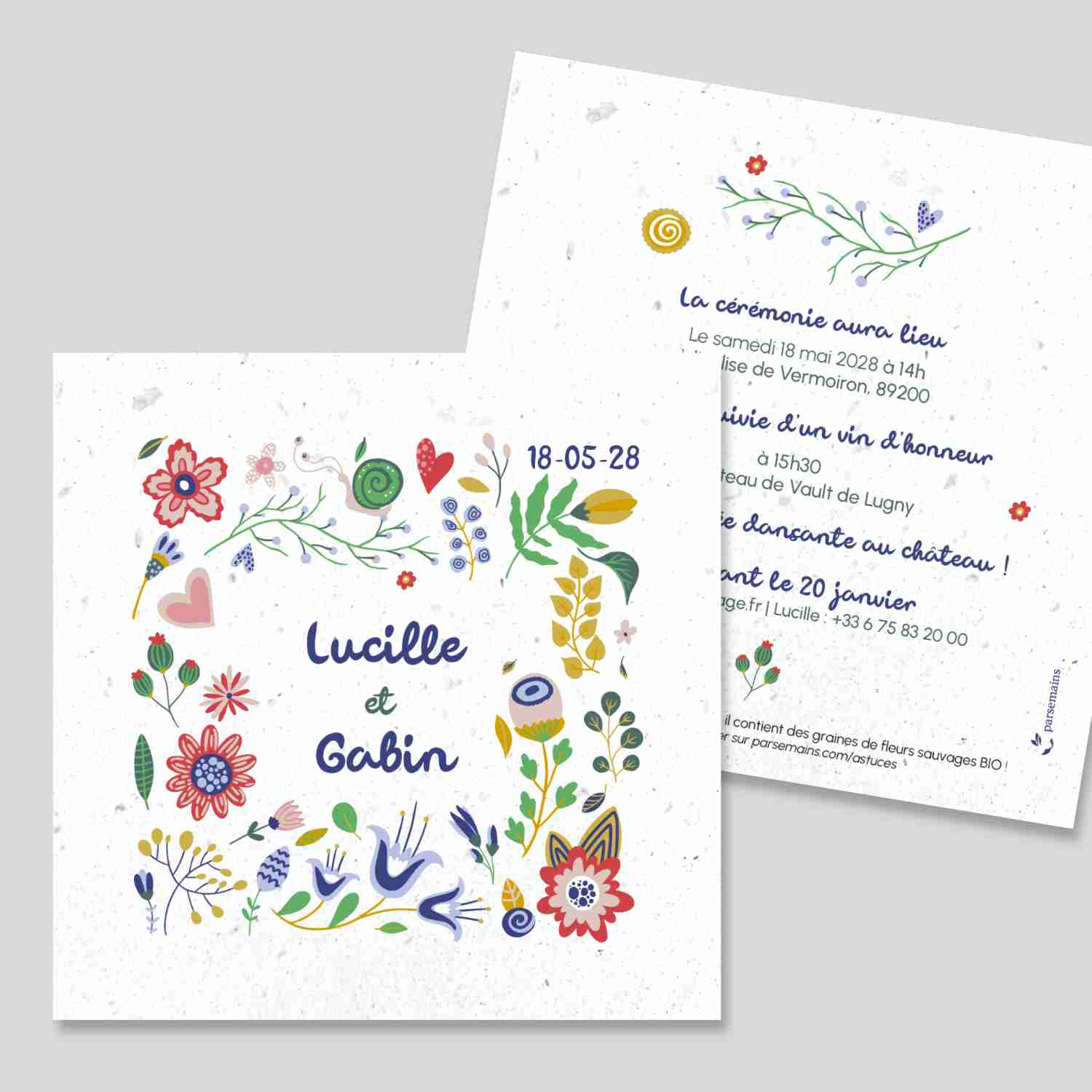 Faire-Part de mariage ensemencé éco-recyclé - Jardin Gaudi - recto-verso