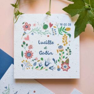 Faire-Part de mariage ensemencé éco-recyclé - Jardin Gaudi - flatlay